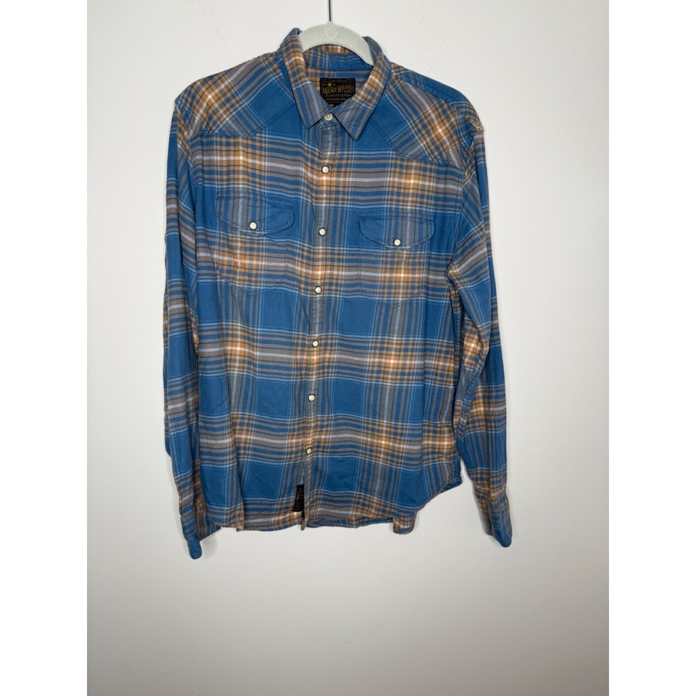 Lucky Brand Mens L Plaid Pearl Snap Western Shirt‎ Blue Orange Casual Soft Rodeo